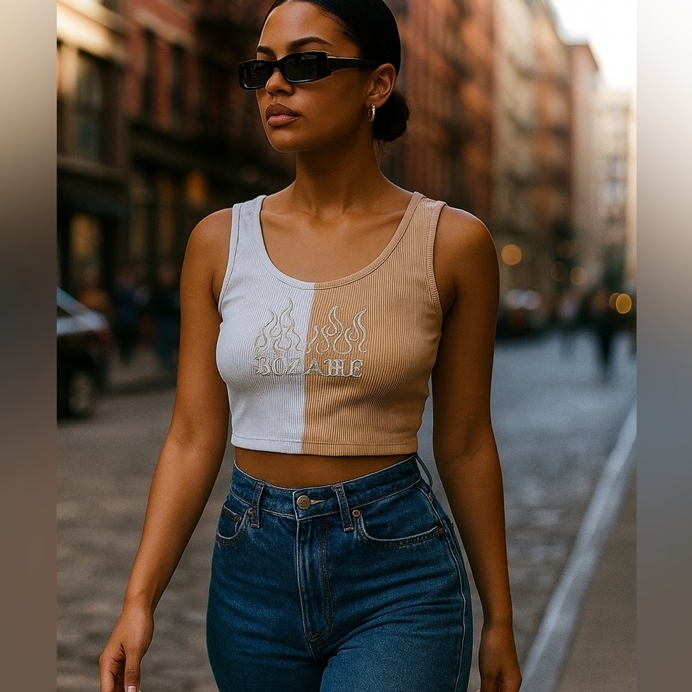 ROZ AVE cropped ribbed two tone tanktop with front embroidery, stretchy, sz M